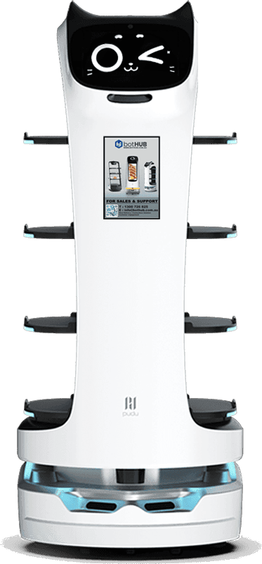 BellaBot delivery robot with cat-face display and four serving trays.